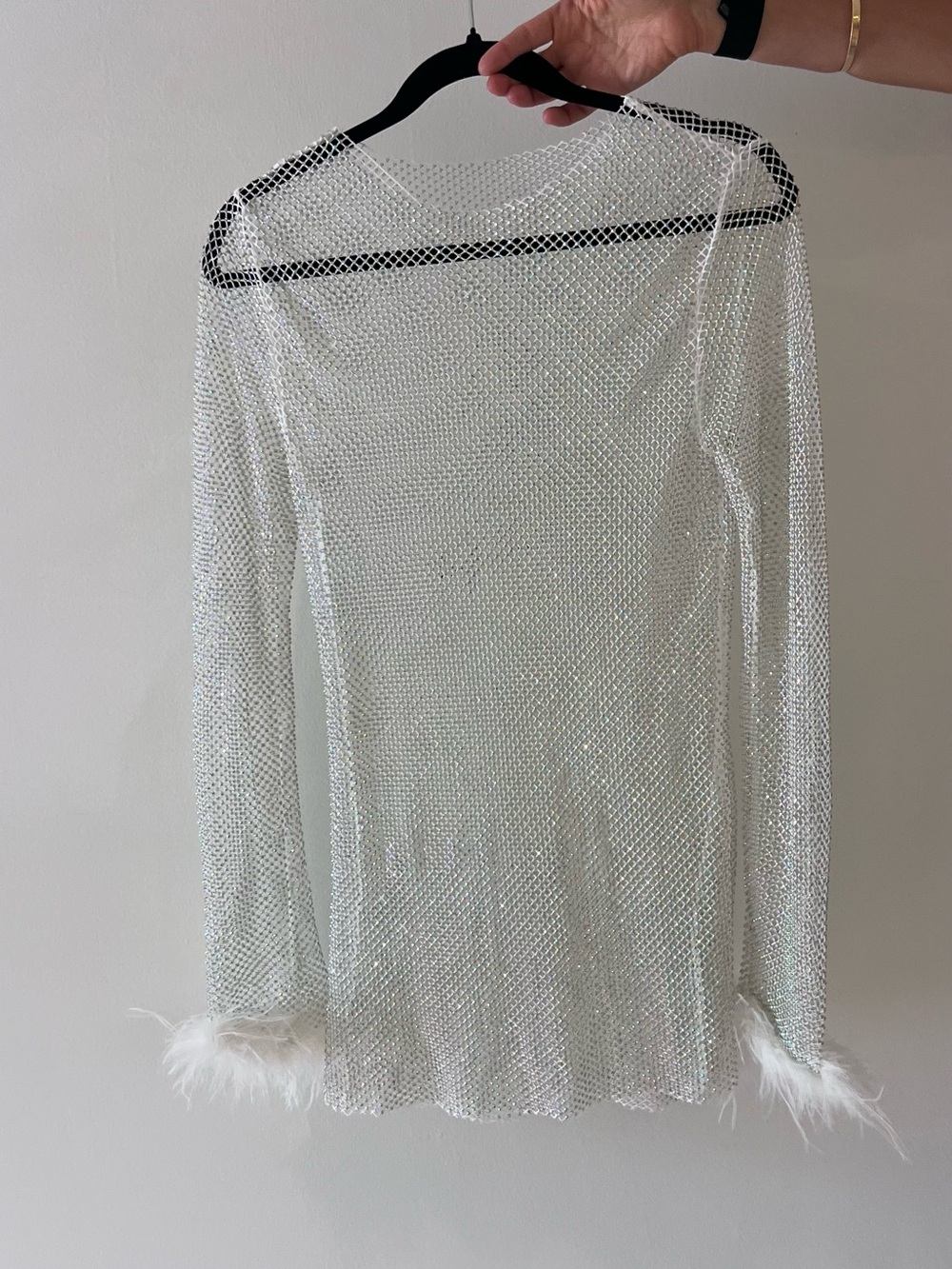 Sheer Silver Mesh Long Sleeve Top with Feather Cuffs